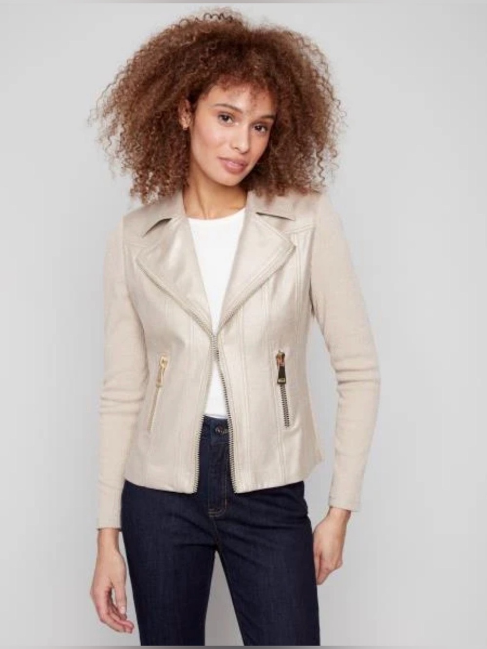 CHARLIE B Cream Moto Zip Leather Jacket